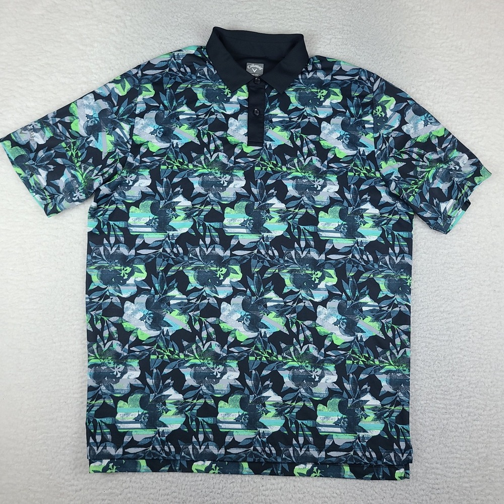 Callaway Polo Shirt Mens Large Blue Green Teal Floral Performance Opti Dri
